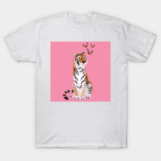 Tiger with butterflies paper cut art illustration on pink background T-Shirt